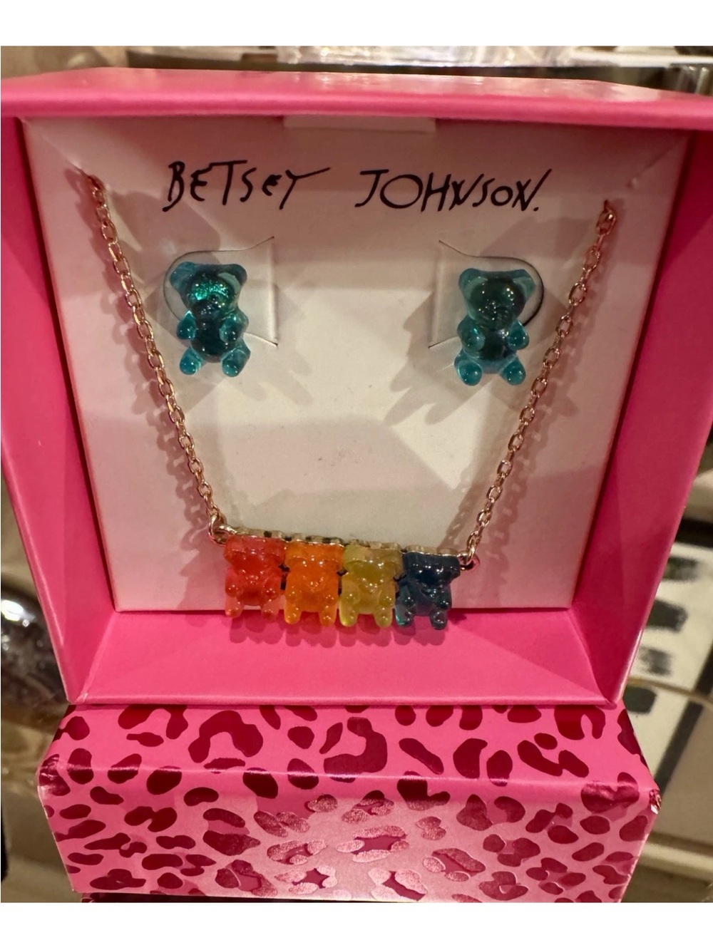 BETSEY JOHNSON RAINBOW GUMMY BEAR STUD EARRINGS AND GOLD-TONE NECKLACE NIB! - Picture 6 of 6